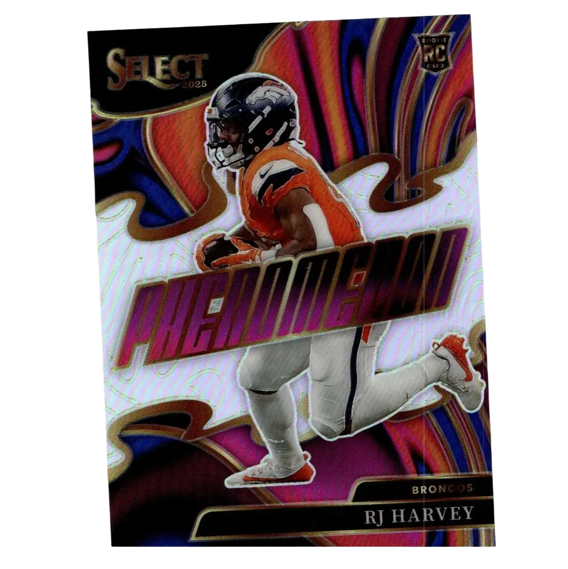 2025 panini select rj harvey phenomenon silver card featuring dynamic iridescent design with orange and navy uniform