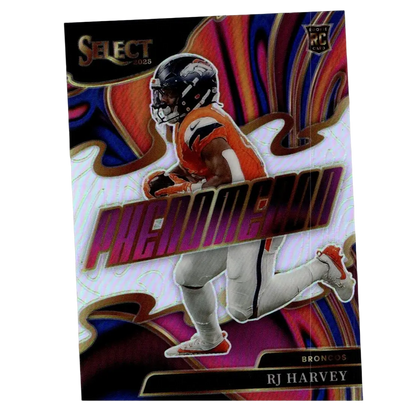 2025 panini select rj harvey phenomenon silver card featuring dynamic iridescent design in orange and navy uniform