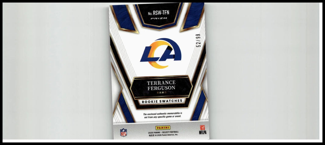 Blue and white nfl trading card box featuring Los Angeles Rams logo labeled terrance ferguson rookie swatches