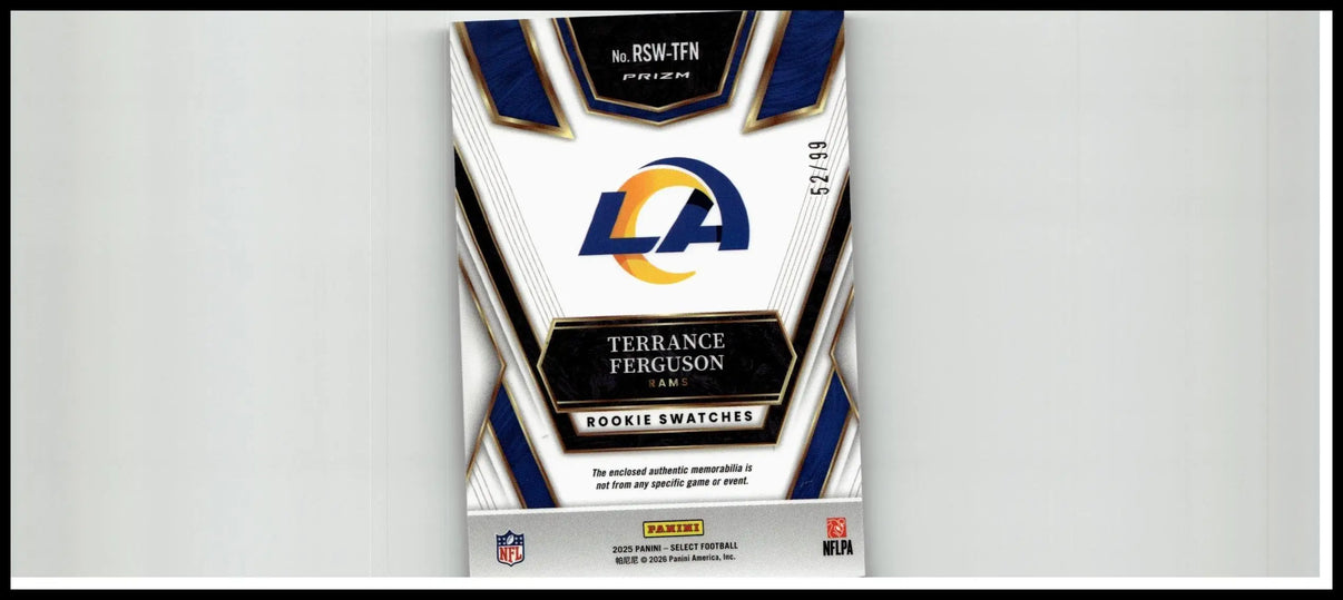 Blue and white nfl trading card box featuring Los Angeles Rams logo labeled terrance ferguson rookie swatches