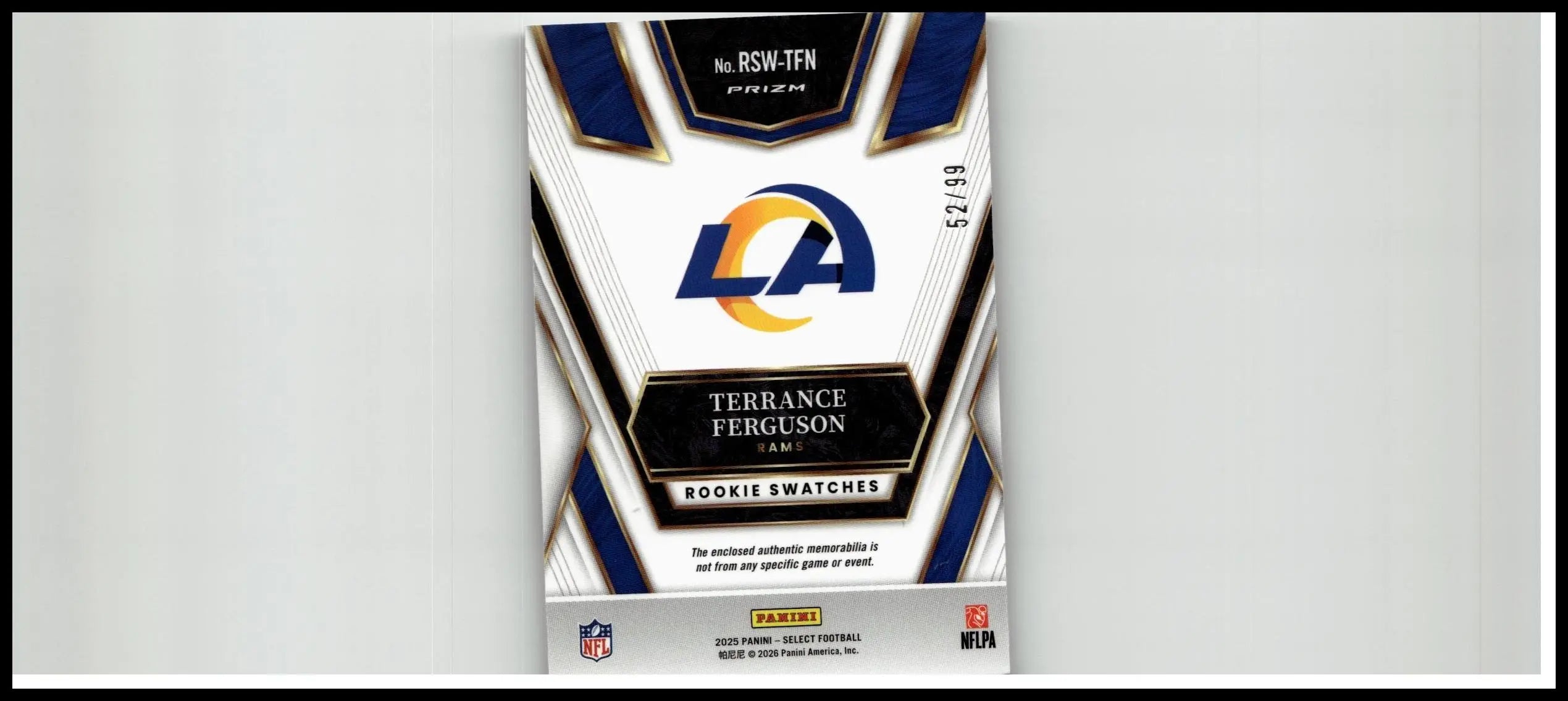 Blue and white nfl trading card box featuring Los Angeles Rams logo labeled terrance ferguson rookie swatches