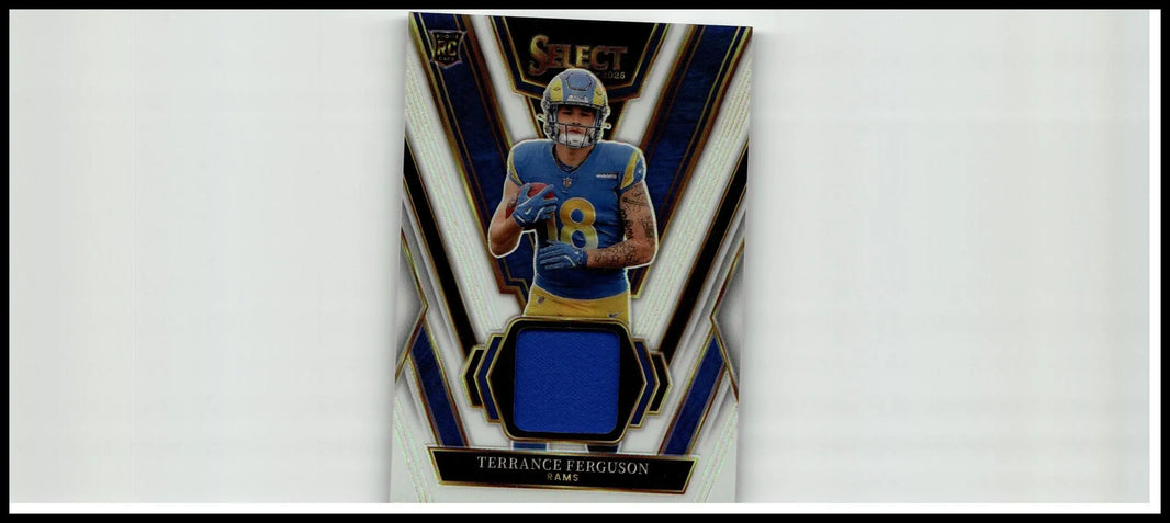 Blue and gold terrance ferguson rookie swatches football card with authentic jersey patch in los angeles rams uniform