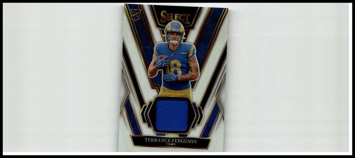 Blue and gold terrance ferguson rookie swatches football card with authentic jersey patch in los angeles rams uniform