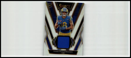Blue and gold terrance ferguson rookie swatches football card with authentic jersey patch in los angeles rams uniform