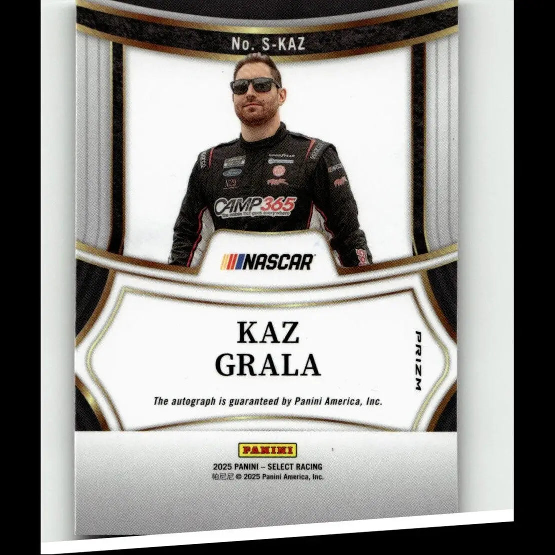 Black and silver panini select nascar trading card featuring kaz grala in racing suit with gold black borders from 2025 kaz grala signatures