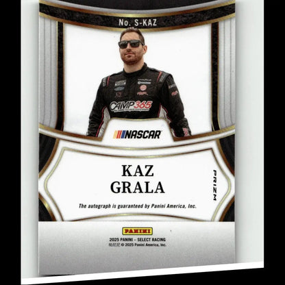 Black and silver panini select nascar trading card featuring kaz grala in racing suit with gold black borders from 2025 kaz grala signatures