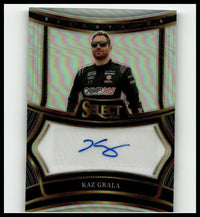 Black and gold framed 2025 panini select kaz grala signatures trading card with holographic background and sponsor logos