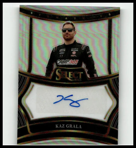 Black and gold framed 2025 panini select kaz grala signatures trading card with holographic background and sponsor logos