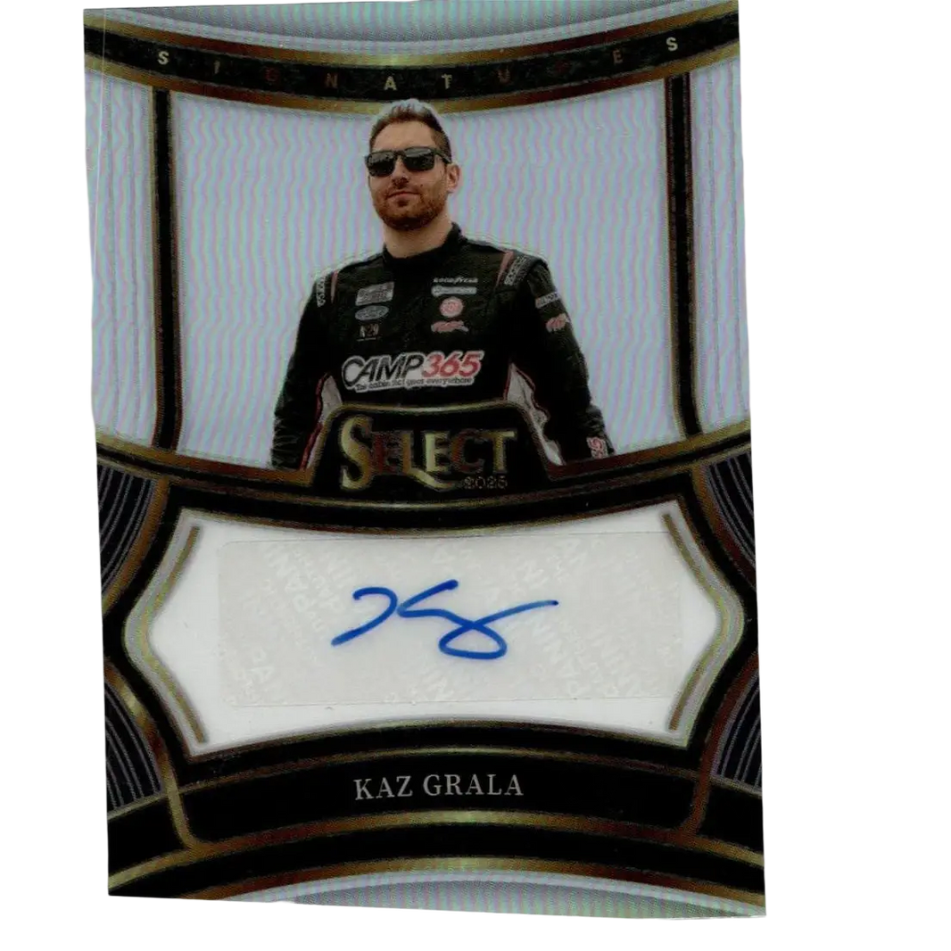 Black and gold framed nascar trading card featuring kaz grala in racing suit with signature from 2025 panini select signatures
