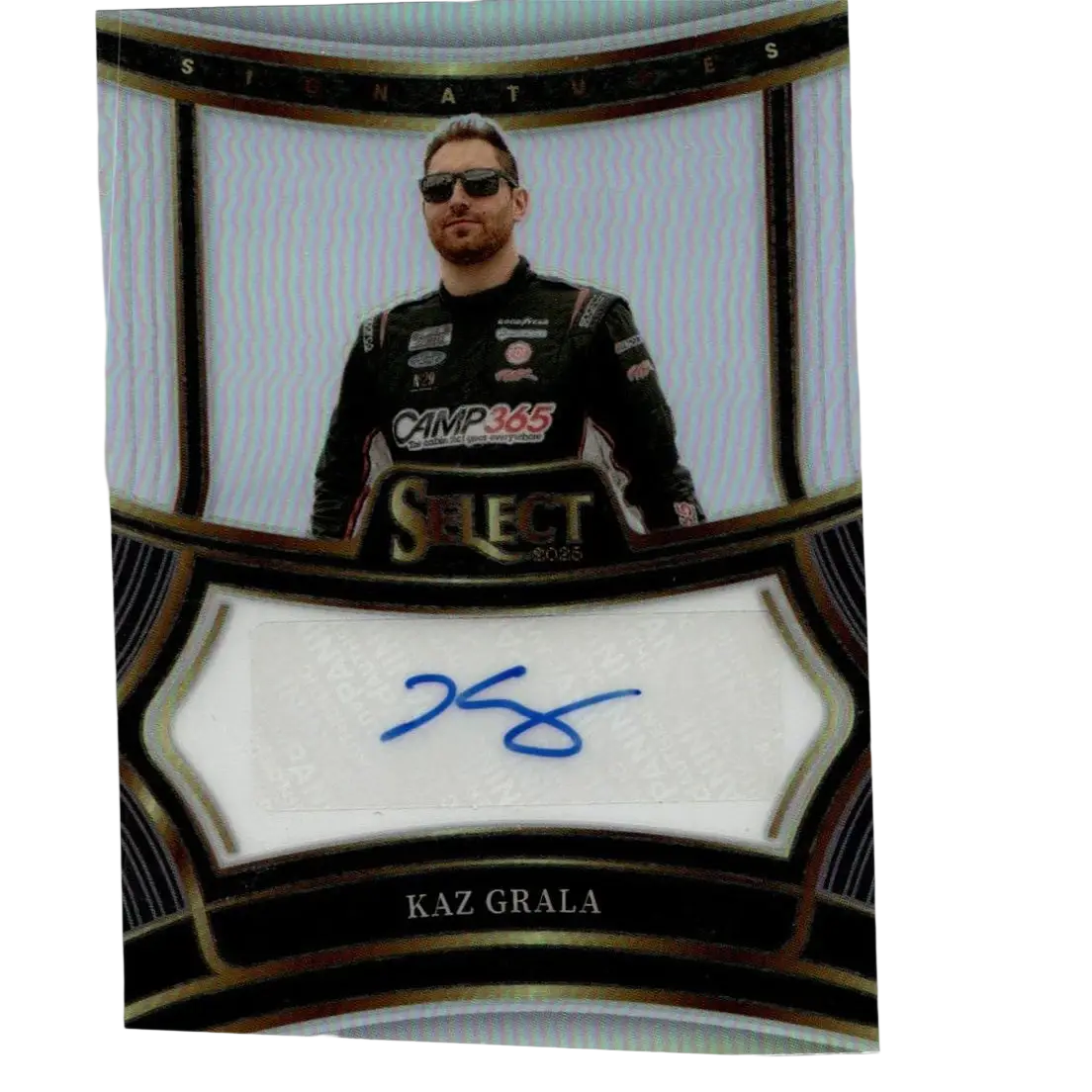 Black and gold framed nascar trading card featuring kaz grala in racing suit with signature from 2025 panini select signatures