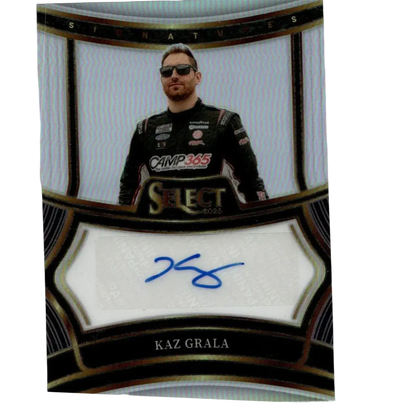 Black and gold framed nascar trading card featuring kaz grala in racing suit with signature from 2025 panini select signatures