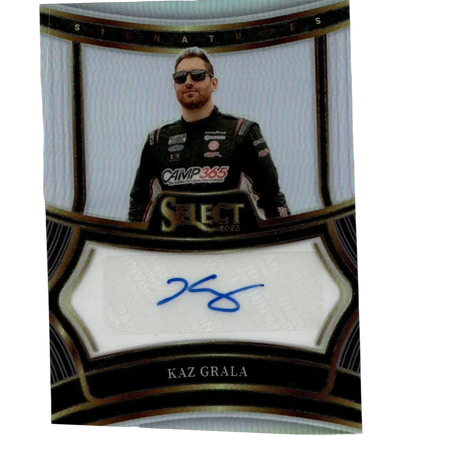 Black and gold framed nascar trading card featuring kaz grala in racing suit with signature from 2025 panini select signatures