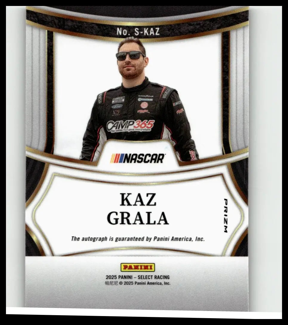 Black and silver nascar trading card featuring kaz grala in racing suit from 2025 panini select kaz grala signatures