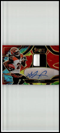 Vibrant red and black 2025 panini select adam jones signature trading card with autograph panel and tie-dye prizm