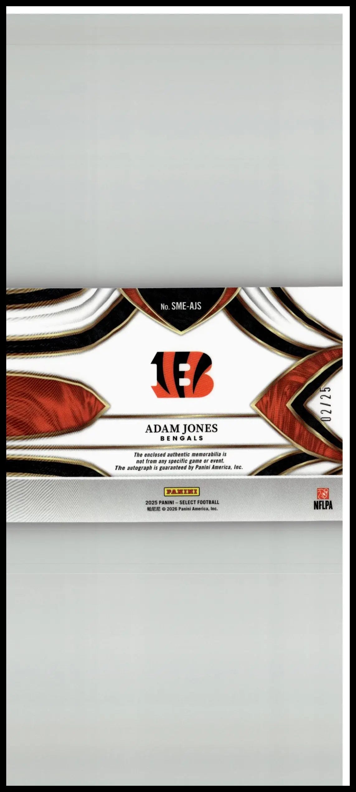 2025 Panini Select white black and red autographed football trading card featuring adam jones signature memorabilia