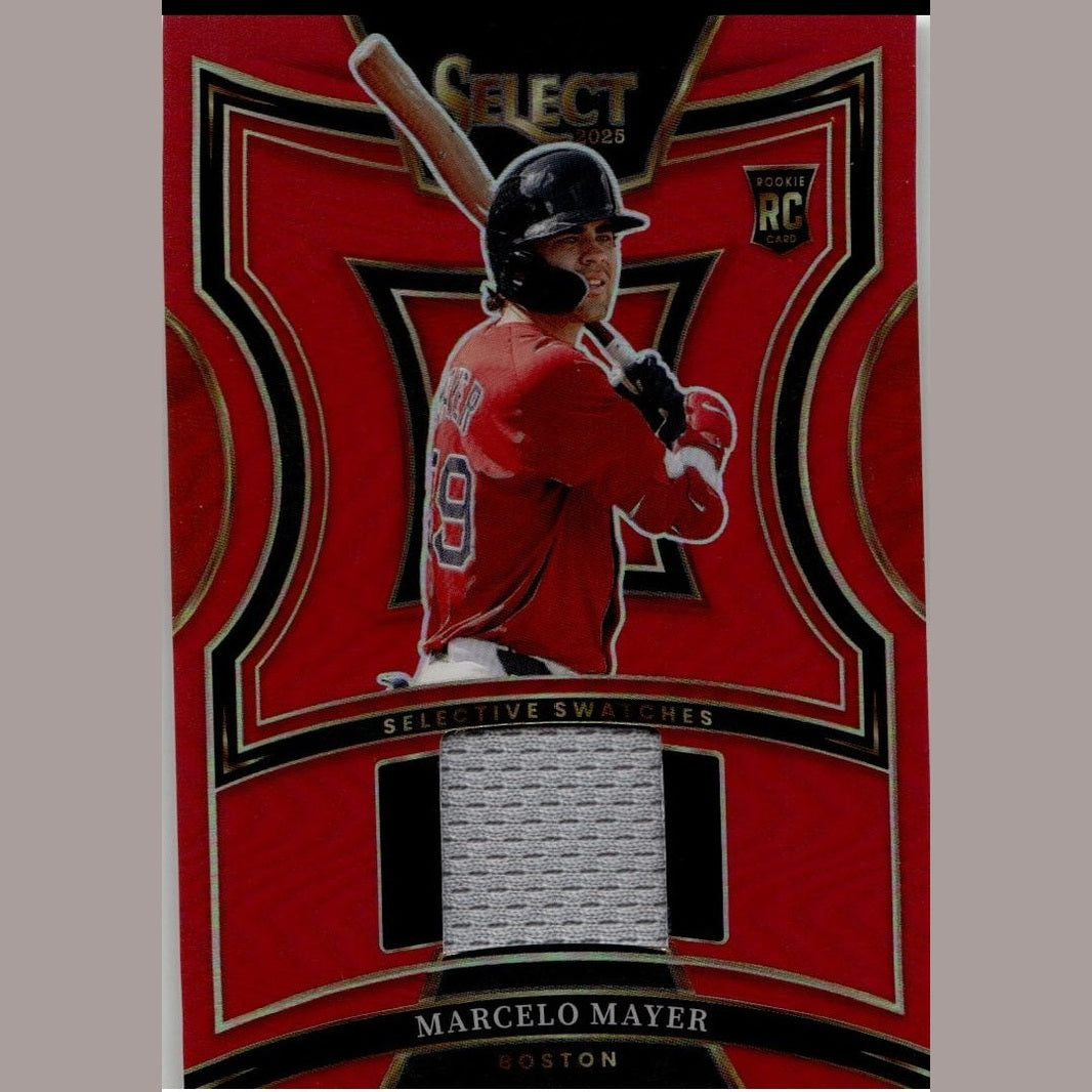 Red baseball trading card featuring a player in a red jersey with the number 9, holding a bat and wearing black helmet and gloves.