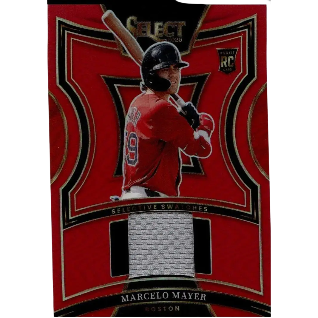 Red baseball trading card featuring a player in a red jersey with the number 9, holding a bat and wearing black helmet and gloves.