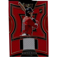 Red baseball trading card featuring a player in a red jersey with the number 9, holding a bat and wearing black helmet and gloves.