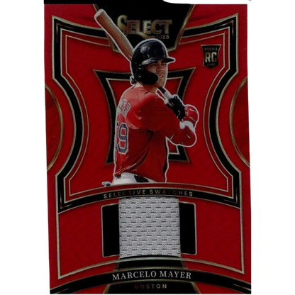 Red baseball trading card featuring a player in a red jersey with the number 9, holding a bat and wearing black helmet and gloves.
