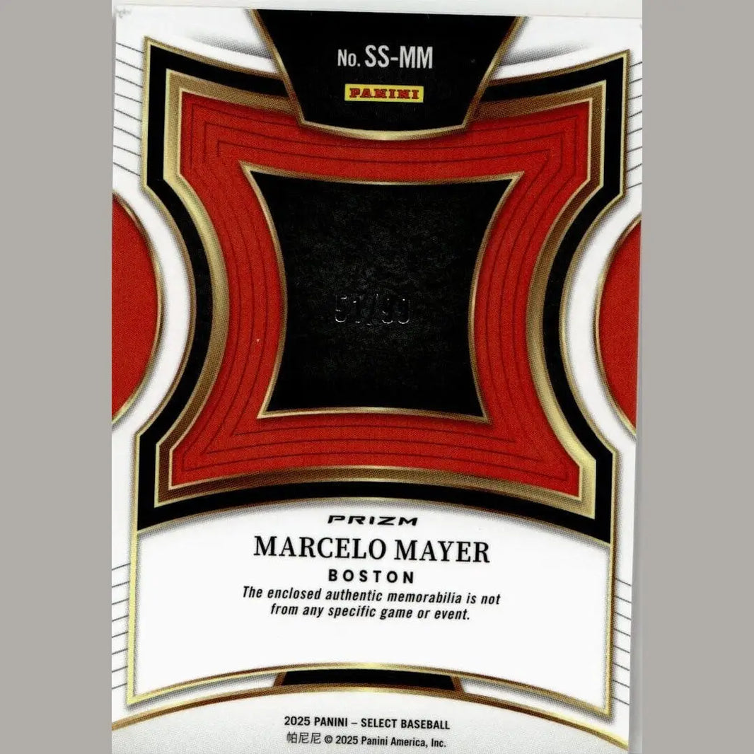 Red and black prizm baseball card featuring marcelo mayer of boston, with a central black window showcasing authentic memorabilia.