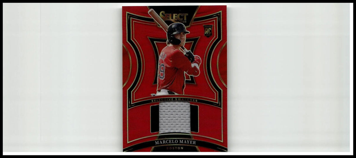 Red and black 2025 panini select marcelo mayer selective swatches baseball card featuring player jersey swatch number 28