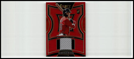Red and black 2025 panini select marcelo mayer selective swatches baseball card featuring player jersey swatch number 28