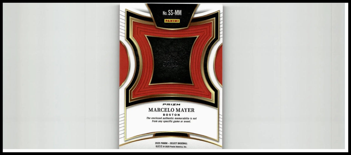 2025 panini select red black and white prizm baseball trading card featuring marcelo mayer selective swatches numbered 99