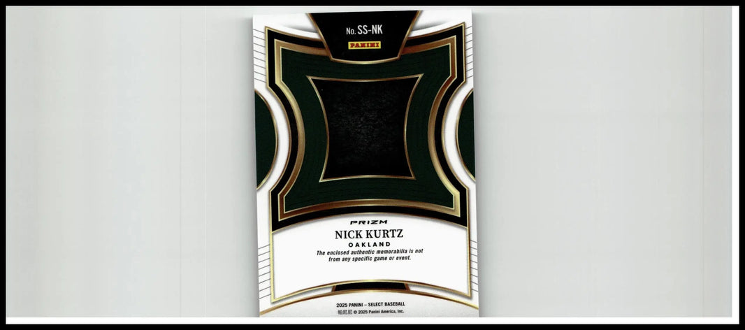 Black and gold 2025 panini select nick kurtz selective swatches trading card with intricate geometric design and white borders