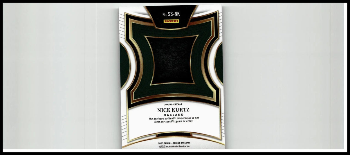 Black and gold 2025 panini select nick kurtz selective swatches trading card with intricate geometric design and white borders