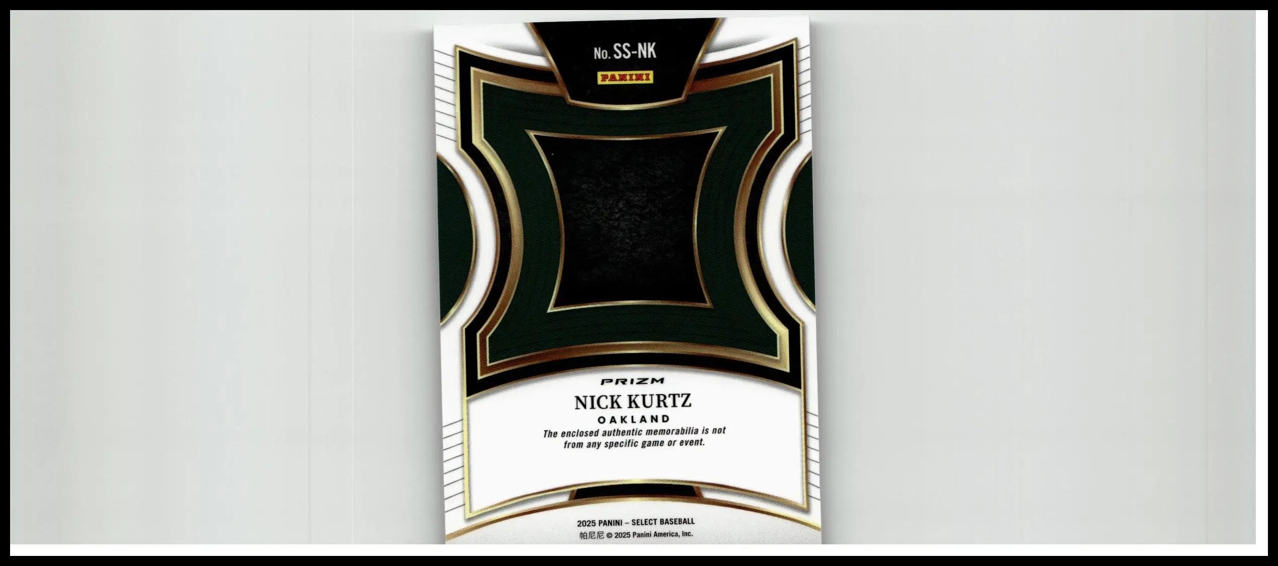 Black and gold 2025 panini select nick kurtz selective swatches trading card with intricate geometric design and white borders