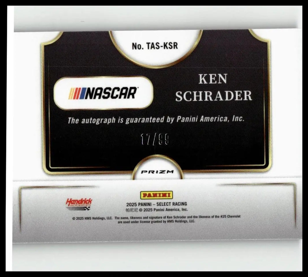 Black and silver nascar trading card featuring ken schrader autograph limited 17 of 99 from 2025 panini select signatures blue prizms