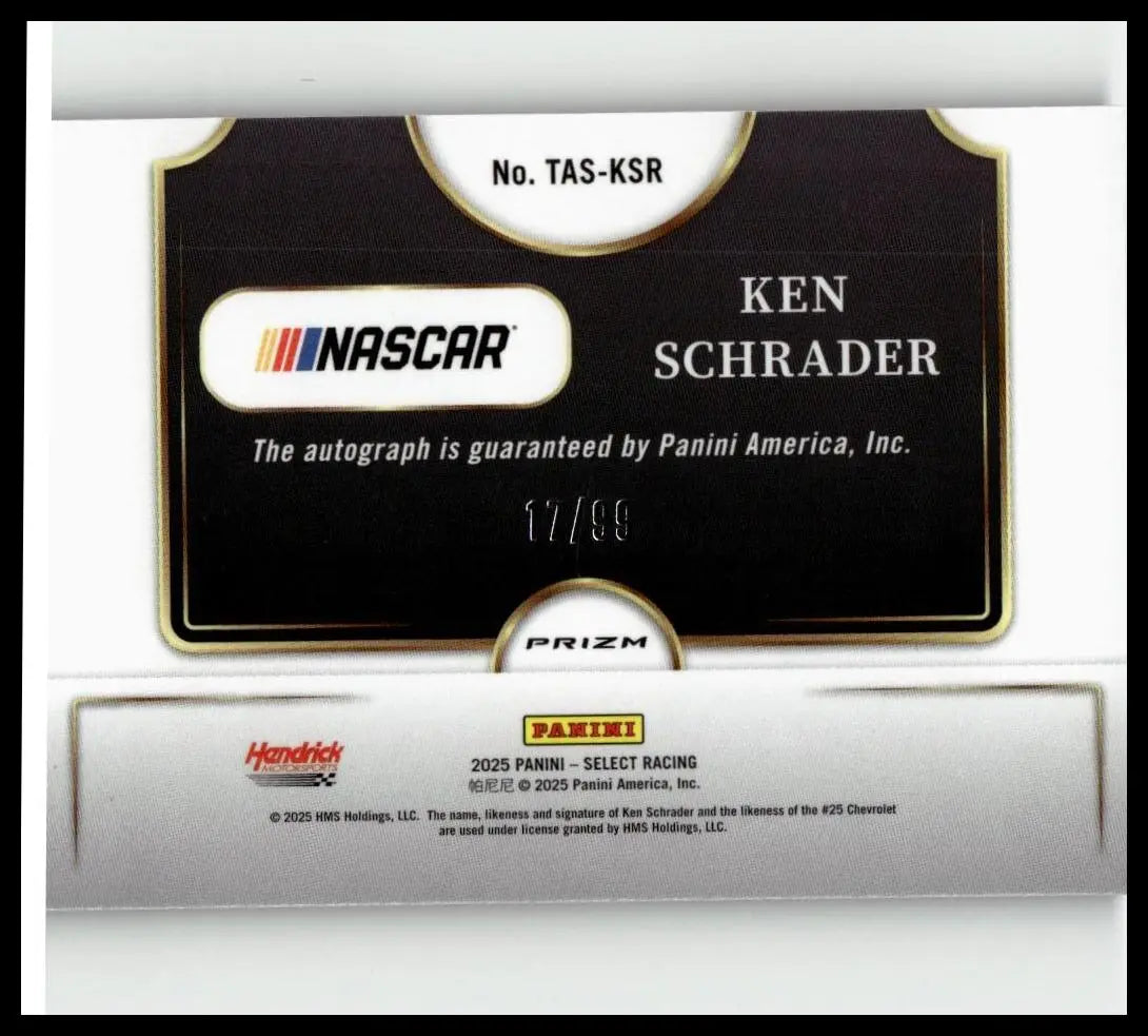 Black and silver nascar trading card featuring ken schrader autograph limited 17 of 99 from 2025 panini select signatures blue prizms