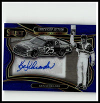 Blue and gold panini select signatures blue prizms trading card featuring ken schrader and his number 25 nascar car