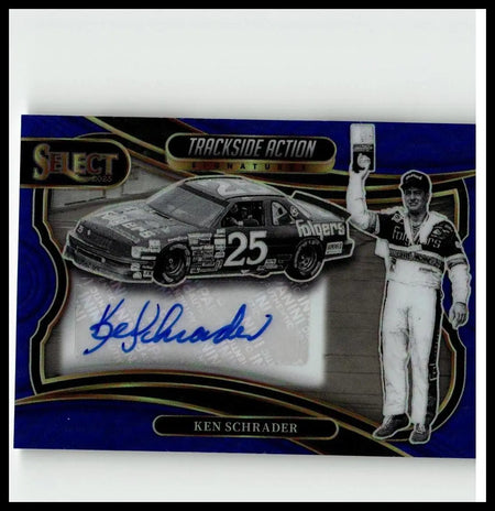 Blue and gold panini select signatures blue prizms trading card featuring ken schrader and his number 25 nascar car