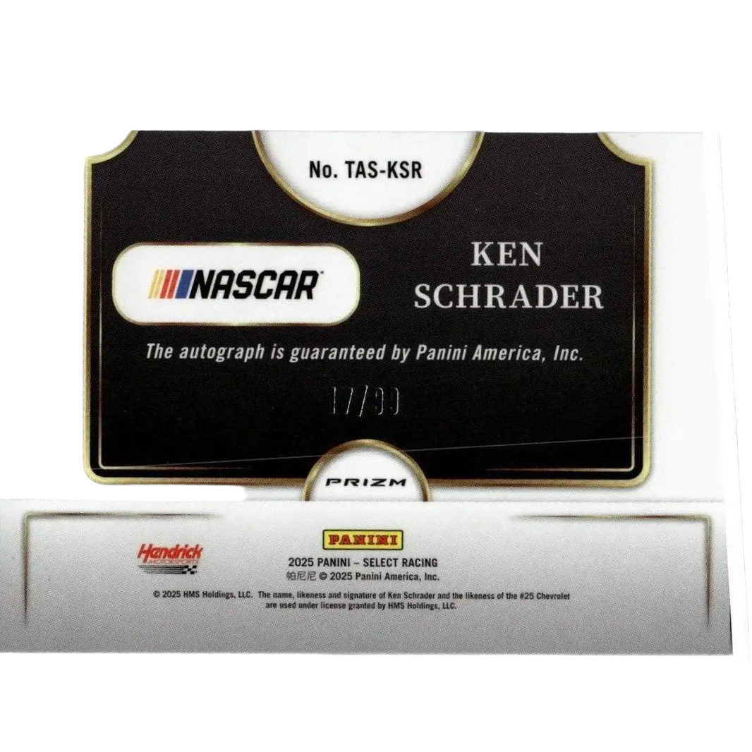 Black and silver panini select ken schrader signatures blue prizms trading card autographed numbered 17 of 90