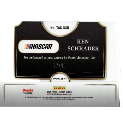 Black and silver panini select ken schrader signatures blue prizms trading card autographed numbered 17 of 90