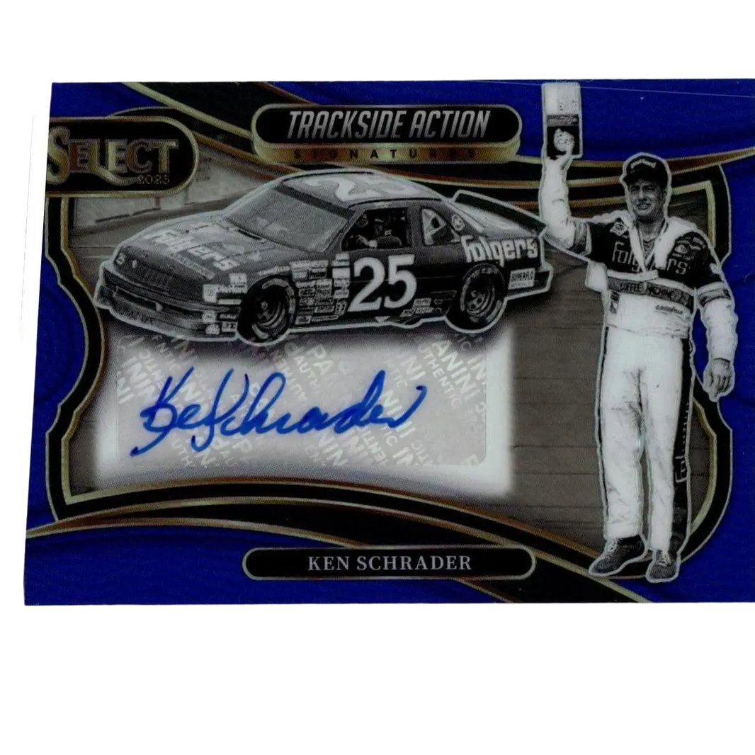 Blue and black panini select 2025 nascar trading card featuring ken schrader signatures blue prizms and race car cutout