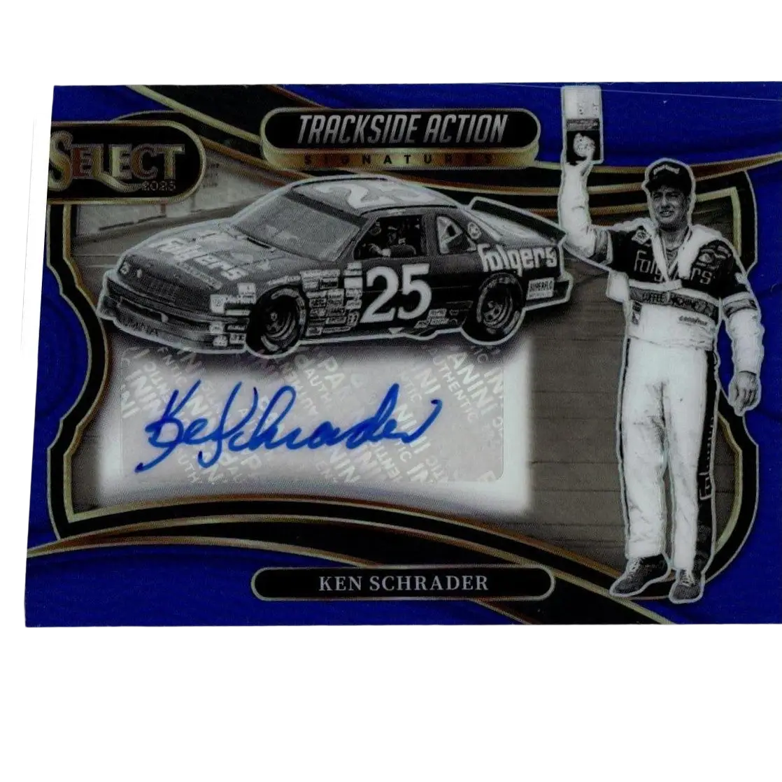 Blue and black panini select 2025 nascar trading card featuring ken schrader signatures blue prizms and race car cutout