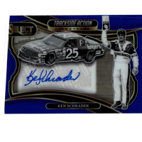 Blue and black panini select 2025 nascar trading card featuring ken schrader signatures blue prizms and race car cutout