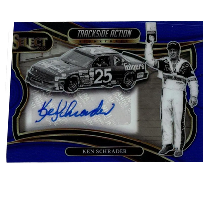 Blue and black panini select 2025 nascar trading card featuring ken schrader signatures blue prizms and race car cutout