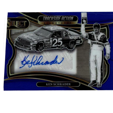 Blue and black panini select 2025 nascar trading card featuring ken schrader signatures blue prizms and race car cutout