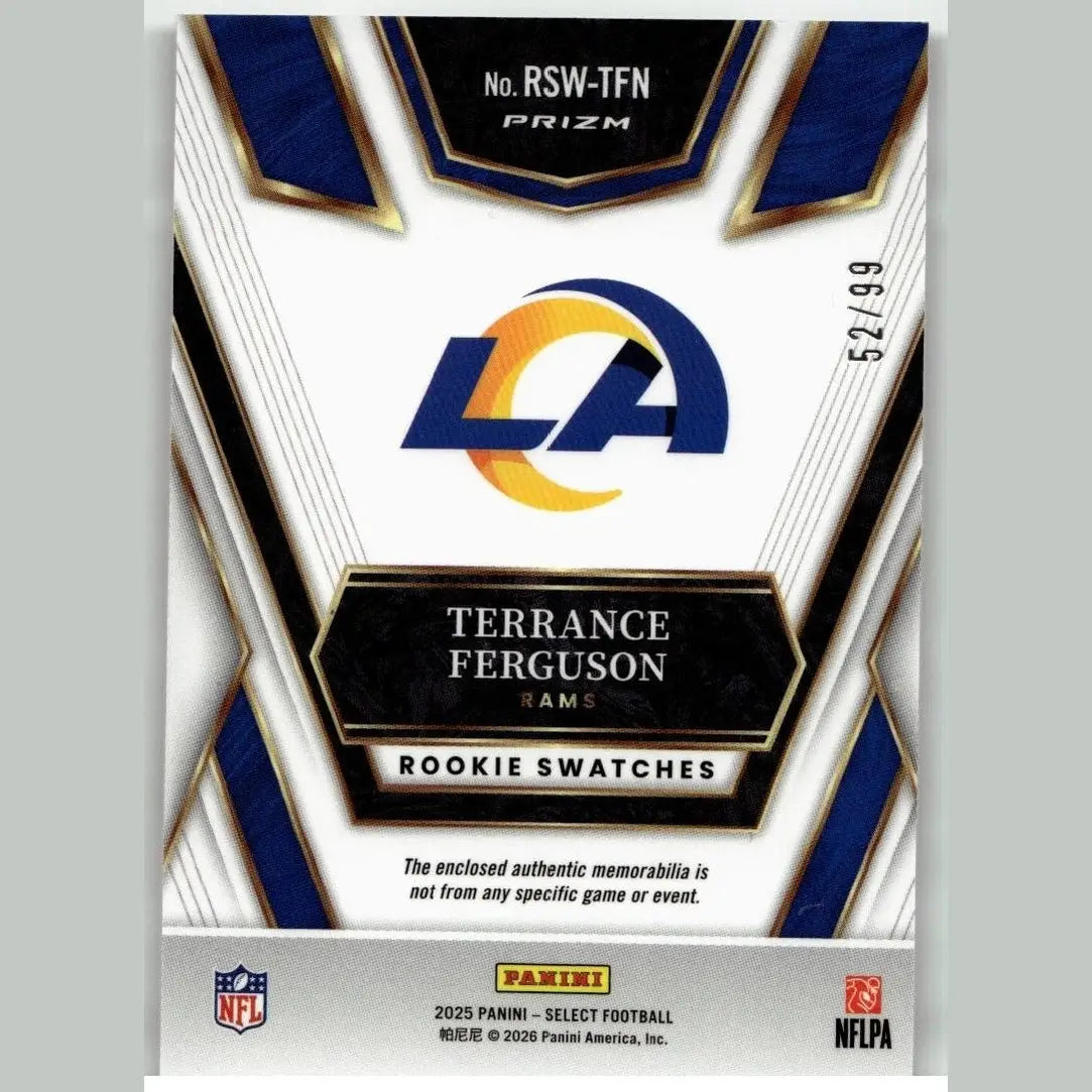 2025 panini select terrance ferguson rookie swatches trading card featuring blue and gold los angeles rams colors