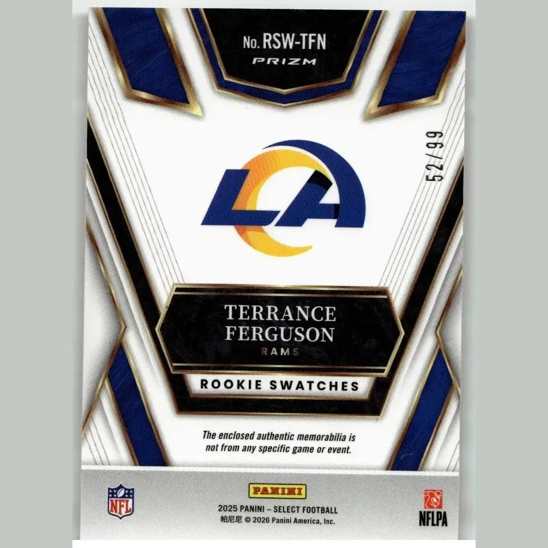 2025 panini select terrance ferguson rookie swatches trading card featuring blue and gold la rams colors