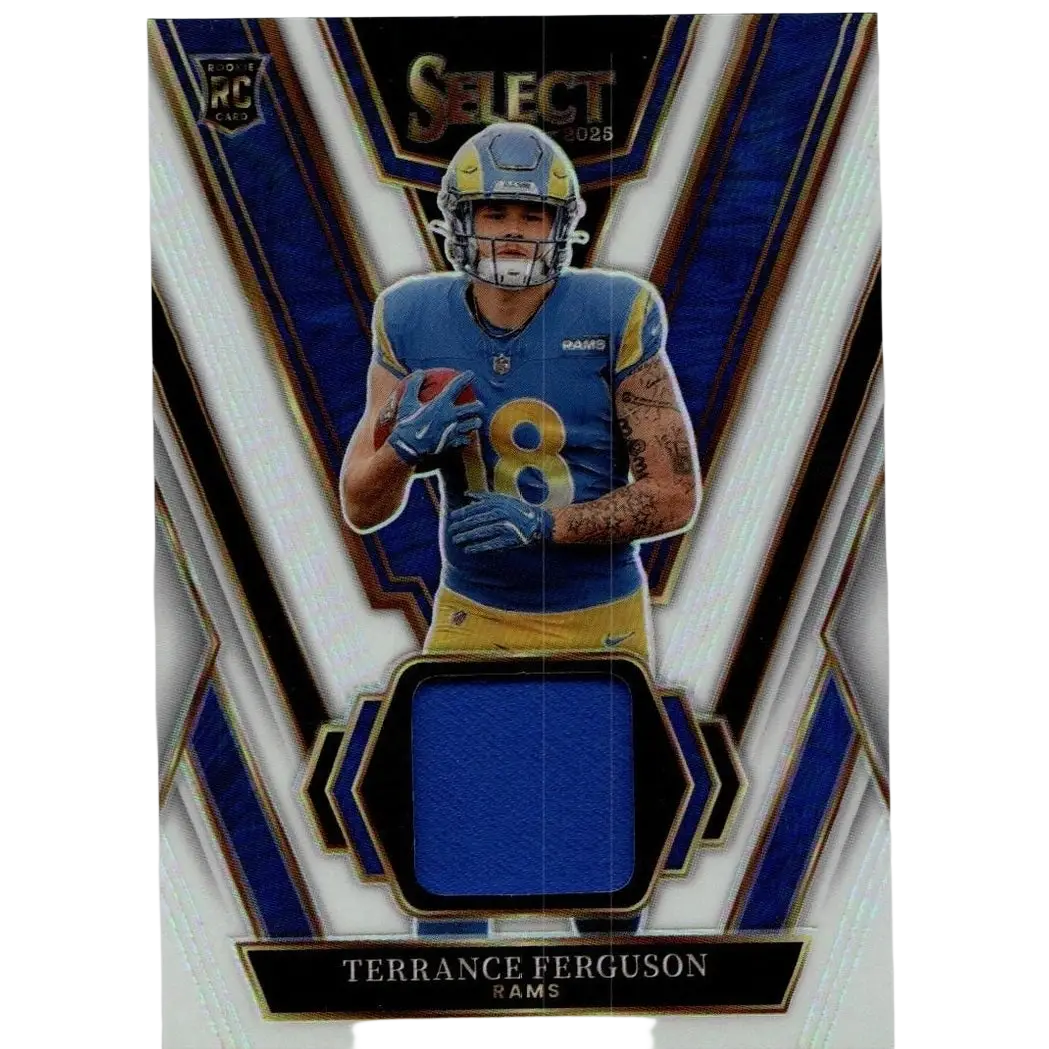 Blue and gold panini select terrance ferguson rookie swatches football card with blue fabric patch at bottom