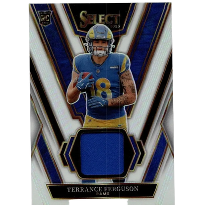 Blue and gold panini select terrance ferguson rookie swatches football card with blue fabric swatch at bottom
