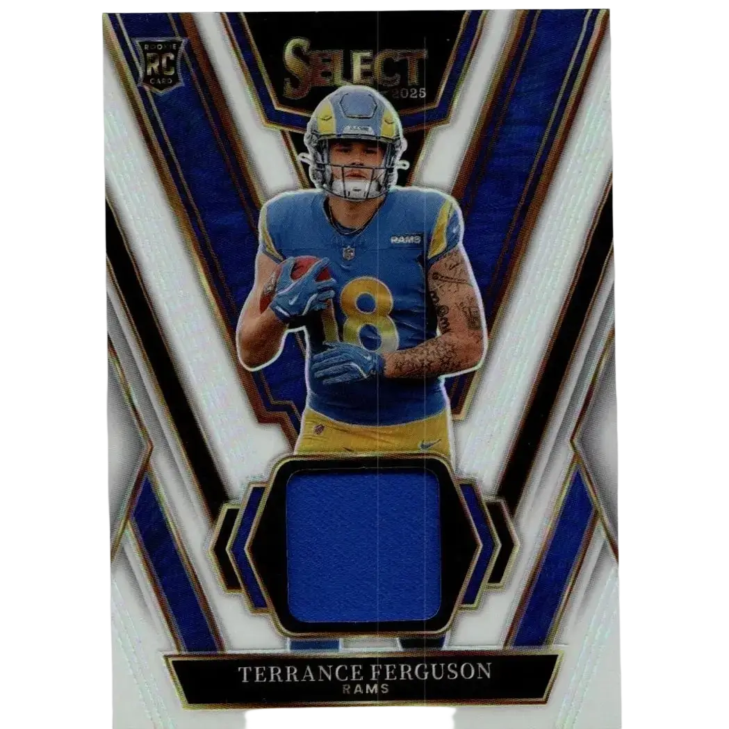 Blue and gold panini select terrance ferguson rookie swatches football card with blue fabric swatch at bottom