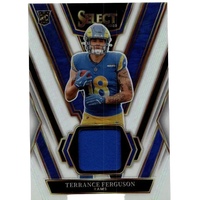 Blue and gold panini select terrance ferguson rookie swatches football card with blue fabric patch bottom 2025 rams