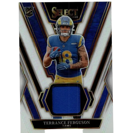 Blue and gold panini select terrance ferguson rookie swatches football card with blue fabric patch bottom 2025 rams