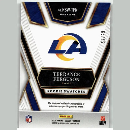 2025 panini select terrance ferguson rookie swatches card featuring blue and gold la rams patch numbered 99