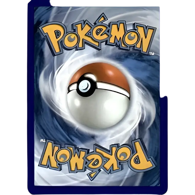 A white and orange poké ball with a black center, set against swirling blue background.